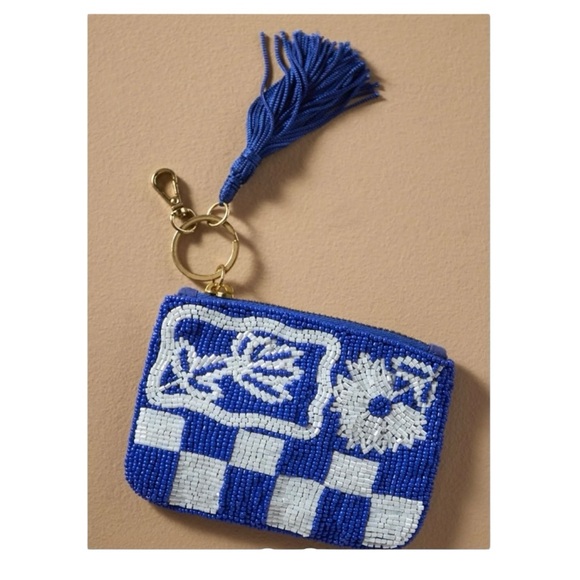 Anthropologie Handbags - Anthropologie Fiona Beaded Coin/Card Case Blue Abstract Garden NWT
